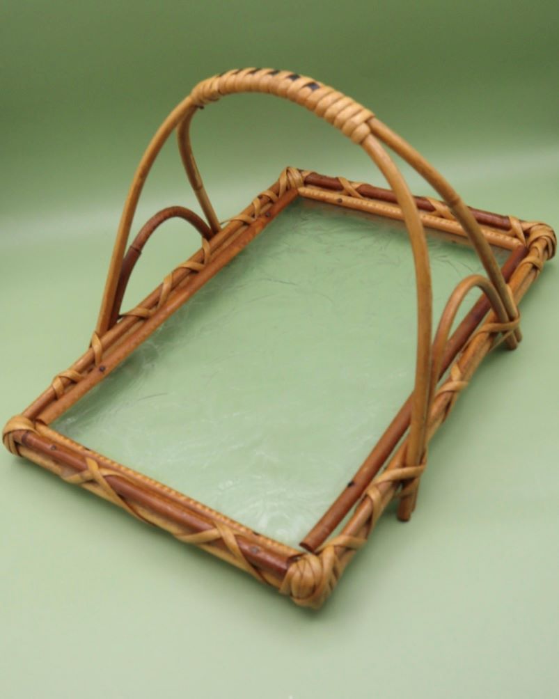 Vintage tarjotin rottinki/lasi